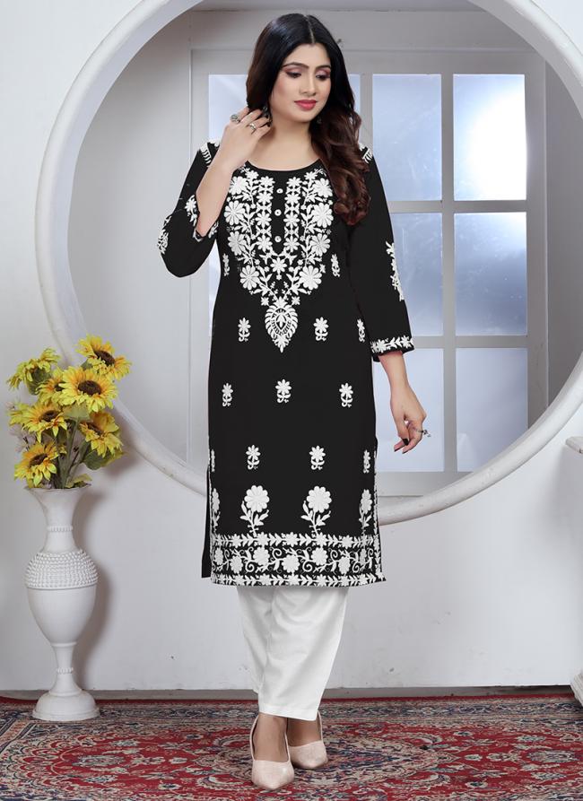 Rayon Black Casual Wear Chikankari Work Readymade Kurti With Pant